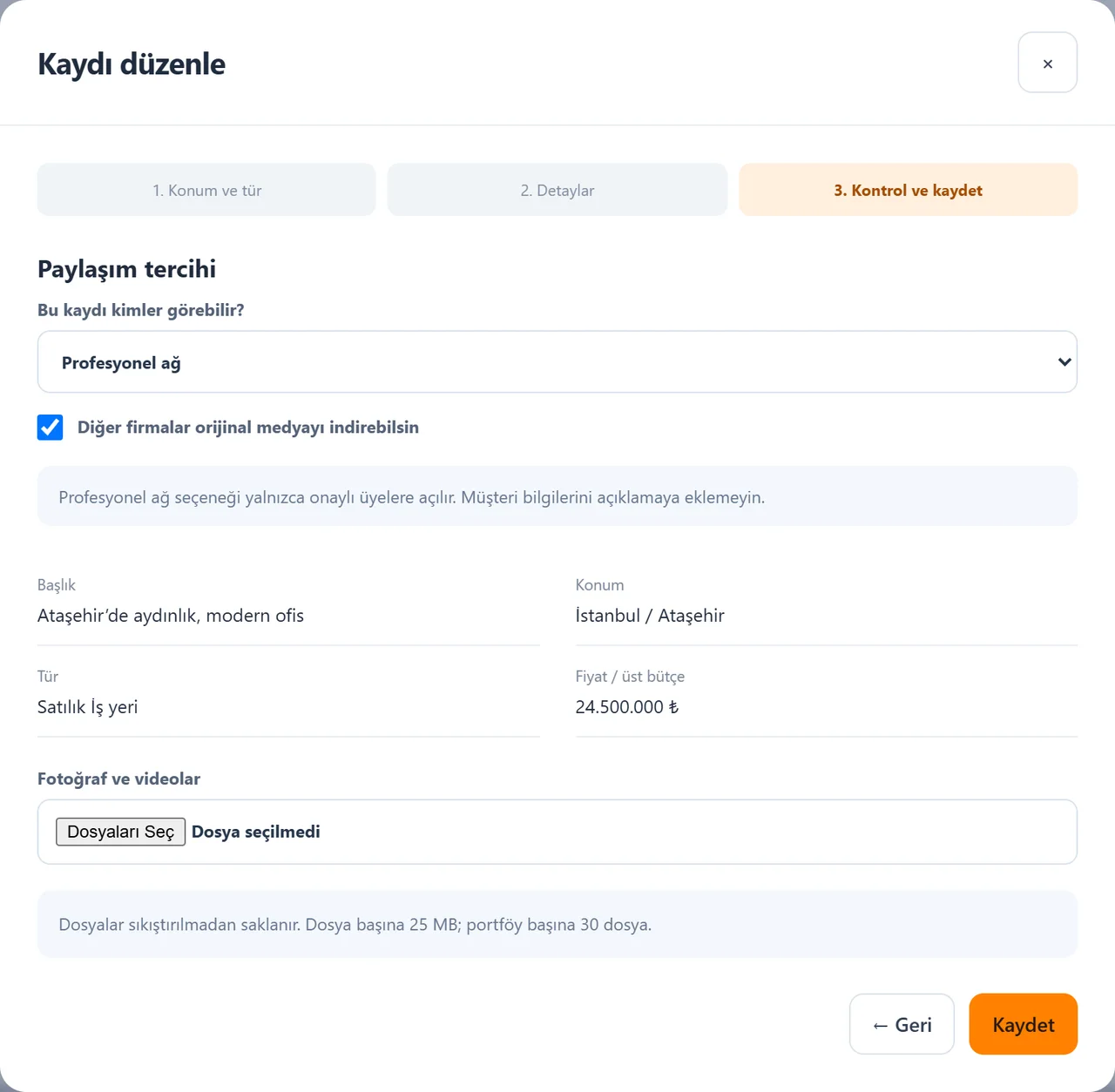 PORTİM portföy formunda gerçek paylaşım tercihleri